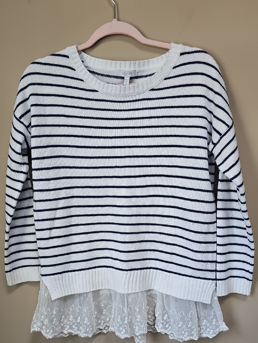 dELiA*s Vintage Y2k Women's Striped Sweater with Lace Hem - Navy & White